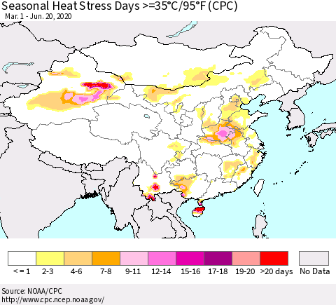 China, Mongolia and Taiwan Seasonal Heat Stress Days >=35°C/95°F (CPC) Thematic Map For 3/1/2020 - 6/20/2020