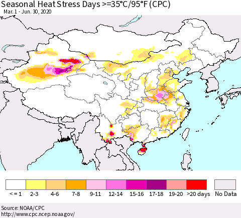 China, Mongolia and Taiwan Seasonal Heat Stress Days >=35°C/95°F (CPC) Thematic Map For 3/1/2020 - 6/30/2020