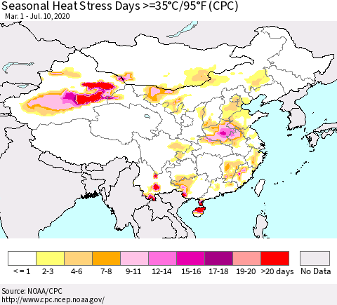 China, Mongolia and Taiwan Seasonal Heat Stress Days >=35°C/95°F (CPC) Thematic Map For 3/1/2020 - 7/10/2020