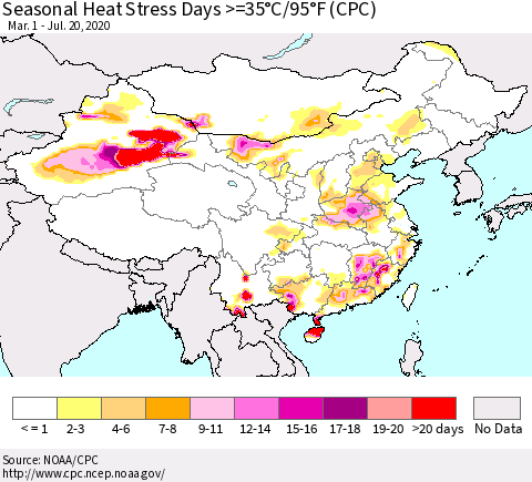 China, Mongolia and Taiwan Seasonal Heat Stress Days >=35°C/95°F (CPC) Thematic Map For 3/1/2020 - 7/20/2020