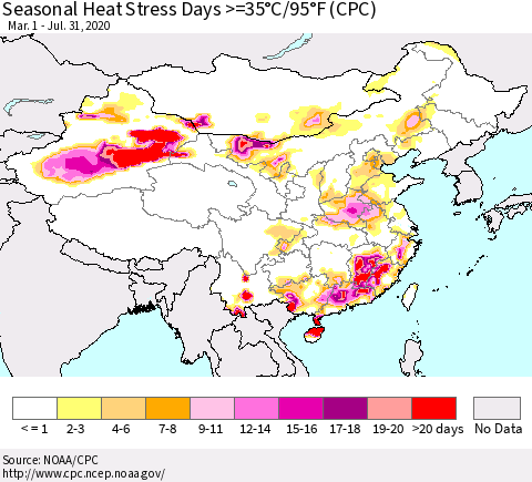 China, Mongolia and Taiwan Seasonal Heat Stress Days >=35°C/95°F (CPC) Thematic Map For 3/1/2020 - 7/31/2020