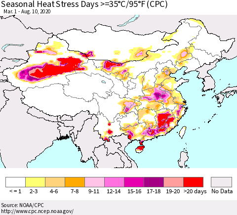 China, Mongolia and Taiwan Seasonal Heat Stress Days >=35°C/95°F (CPC) Thematic Map For 3/1/2020 - 8/10/2020
