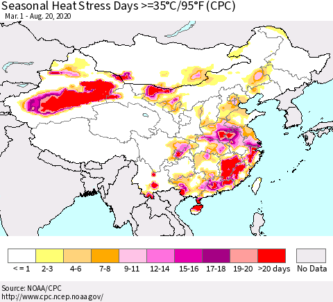 China, Mongolia and Taiwan Seasonal Heat Stress Days >=35°C/95°F (CPC) Thematic Map For 3/1/2020 - 8/20/2020