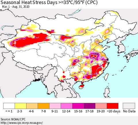 China, Mongolia and Taiwan Seasonal Heat Stress Days >=35°C/95°F (CPC) Thematic Map For 3/1/2020 - 8/31/2020