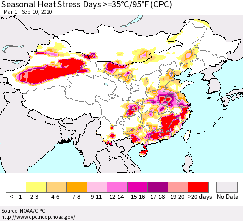 China, Mongolia and Taiwan Seasonal Heat Stress Days >=35°C/95°F (CPC) Thematic Map For 3/1/2020 - 9/10/2020