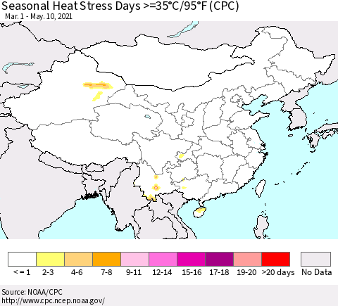 China, Mongolia and Taiwan Seasonal Heat Stress Days >=35°C/95°F (CPC) Thematic Map For 3/1/2021 - 5/10/2021