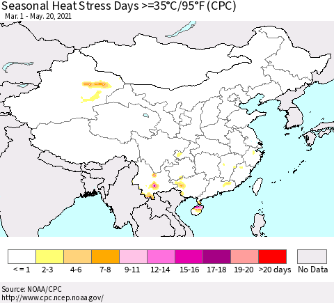 China, Mongolia and Taiwan Seasonal Heat Stress Days >=35°C/95°F (CPC) Thematic Map For 3/1/2021 - 5/20/2021