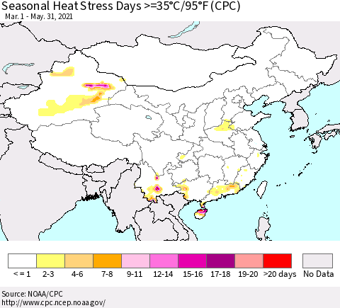 China, Mongolia and Taiwan Seasonal Heat Stress Days >=35°C/95°F (CPC) Thematic Map For 3/1/2021 - 5/31/2021