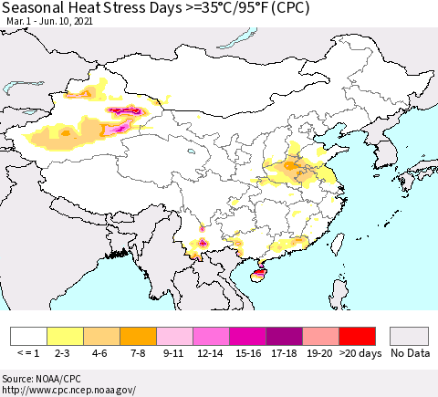 China, Mongolia and Taiwan Seasonal Heat Stress Days >=35°C/95°F (CPC) Thematic Map For 3/1/2021 - 6/10/2021