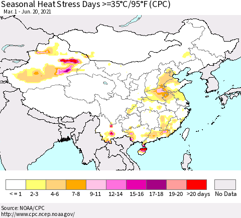 China, Mongolia and Taiwan Seasonal Heat Stress Days >=35°C/95°F (CPC) Thematic Map For 3/1/2021 - 6/20/2021