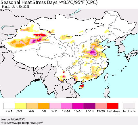 China, Mongolia and Taiwan Seasonal Heat Stress Days >=35°C/95°F (CPC) Thematic Map For 3/1/2021 - 6/30/2021