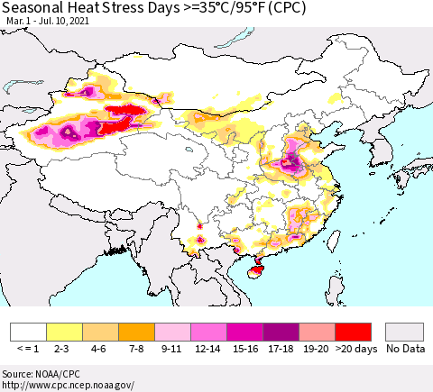 China, Mongolia and Taiwan Seasonal Heat Stress Days >=35°C/95°F (CPC) Thematic Map For 3/1/2021 - 7/10/2021