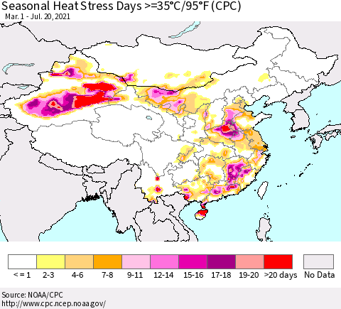 China, Mongolia and Taiwan Seasonal Heat Stress Days >=35°C/95°F (CPC) Thematic Map For 3/1/2021 - 7/20/2021