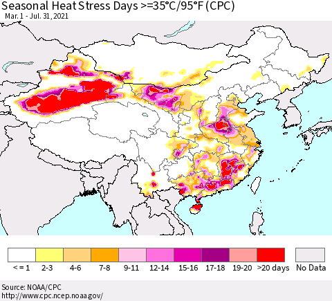 China, Mongolia and Taiwan Seasonal Heat Stress Days >=35°C/95°F (CPC) Thematic Map For 3/1/2021 - 7/31/2021
