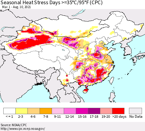 China, Mongolia and Taiwan Seasonal Heat Stress Days >=35°C/95°F (CPC) Thematic Map For 3/1/2021 - 8/10/2021