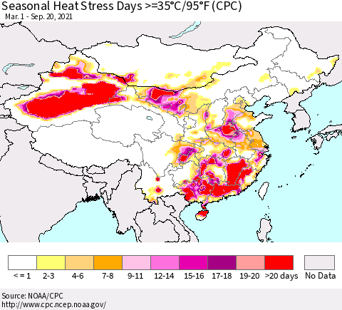 China, Mongolia and Taiwan Seasonal Heat Stress Days >=35°C/95°F (CPC) Thematic Map For 3/1/2021 - 9/20/2021