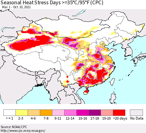 China, Mongolia and Taiwan Seasonal Heat Stress Days >=35°C/95°F (CPC) Thematic Map For 3/1/2021 - 10/10/2021