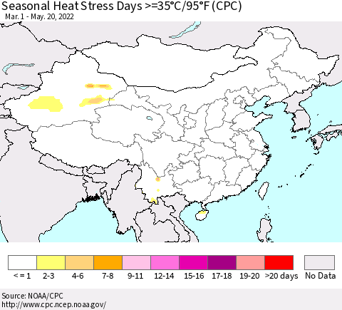 China, Mongolia and Taiwan Seasonal Heat Stress Days >=35°C/95°F (CPC) Thematic Map For 3/1/2022 - 5/20/2022