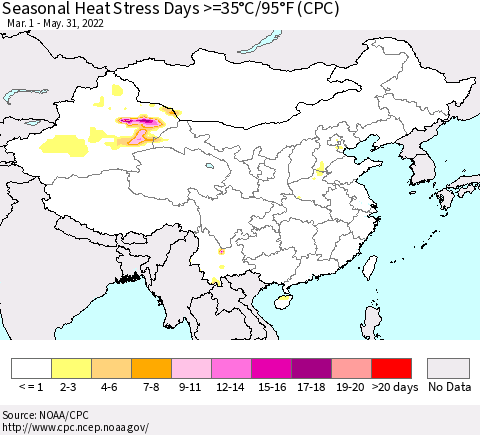 China, Mongolia and Taiwan Seasonal Heat Stress Days >=35°C/95°F (CPC) Thematic Map For 3/1/2022 - 5/31/2022