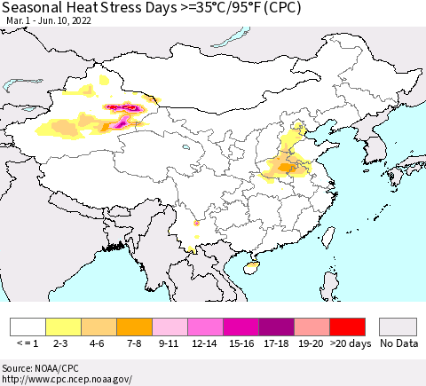 China, Mongolia and Taiwan Seasonal Heat Stress Days >=35°C/95°F (CPC) Thematic Map For 3/1/2022 - 6/10/2022