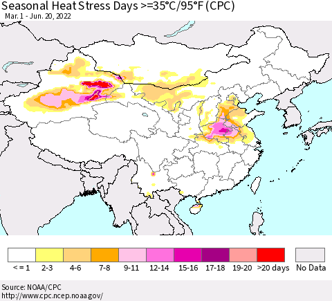 China, Mongolia and Taiwan Seasonal Heat Stress Days >=35°C/95°F (CPC) Thematic Map For 3/1/2022 - 6/20/2022