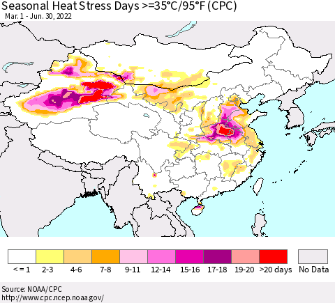China, Mongolia and Taiwan Seasonal Heat Stress Days >=35°C/95°F (CPC) Thematic Map For 3/1/2022 - 6/30/2022