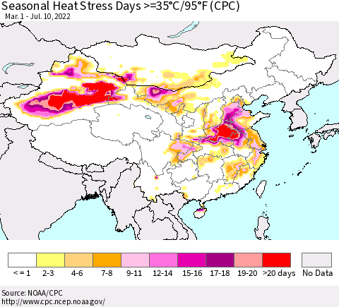 China, Mongolia and Taiwan Seasonal Heat Stress Days >=35°C/95°F (CPC) Thematic Map For 3/1/2022 - 7/10/2022