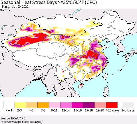 China, Mongolia and Taiwan Seasonal Heat Stress Days >=35°C/95°F (CPC) Thematic Map For 3/1/2022 - 7/20/2022