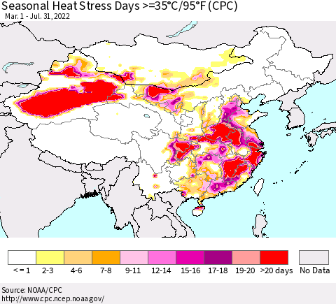China, Mongolia and Taiwan Seasonal Heat Stress Days >=35°C/95°F (CPC) Thematic Map For 3/1/2022 - 7/31/2022