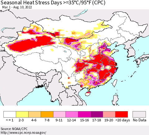 China, Mongolia and Taiwan Seasonal Heat Stress Days >=35°C/95°F (CPC) Thematic Map For 3/1/2022 - 8/10/2022