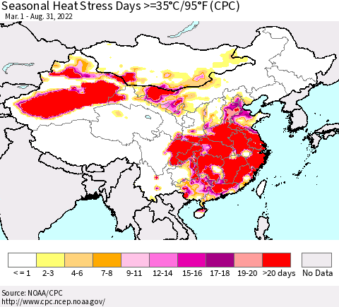 China, Mongolia and Taiwan Seasonal Heat Stress Days >=35°C/95°F (CPC) Thematic Map For 3/1/2022 - 8/31/2022