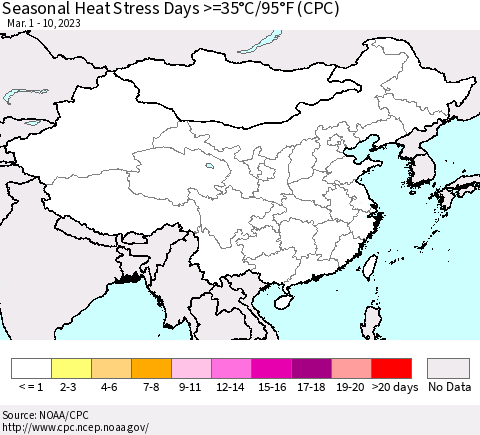 China, Mongolia and Taiwan Seasonal Heat Stress Days >=35°C/95°F (CPC) Thematic Map For 3/1/2023 - 3/10/2023