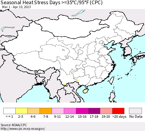 China, Mongolia and Taiwan Seasonal Heat Stress Days >=35°C/95°F (CPC) Thematic Map For 3/1/2023 - 4/10/2023