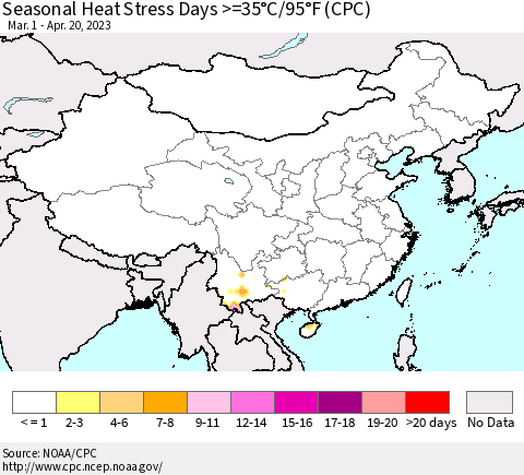 China, Mongolia and Taiwan Seasonal Heat Stress Days >=35°C/95°F (CPC) Thematic Map For 3/1/2023 - 4/20/2023