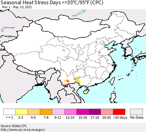 China, Mongolia and Taiwan Seasonal Heat Stress Days >=35°C/95°F (CPC) Thematic Map For 3/1/2023 - 5/10/2023