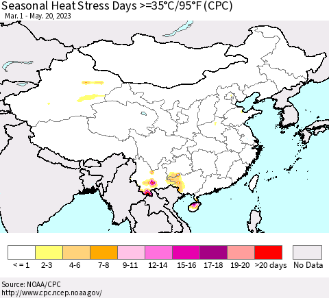 China, Mongolia and Taiwan Seasonal Heat Stress Days >=35°C/95°F (CPC) Thematic Map For 3/1/2023 - 5/20/2023