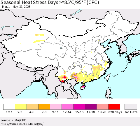 China, Mongolia and Taiwan Seasonal Heat Stress Days >=35°C/95°F (CPC) Thematic Map For 3/1/2023 - 5/31/2023