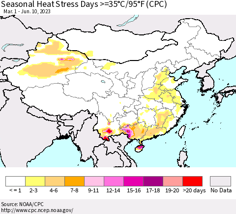 China, Mongolia and Taiwan Seasonal Heat Stress Days >=35°C/95°F (CPC) Thematic Map For 3/1/2023 - 6/10/2023
