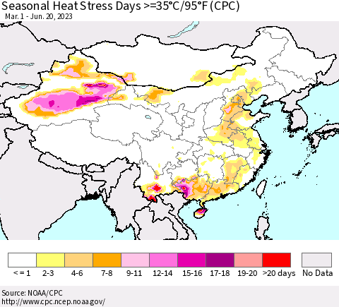 China, Mongolia and Taiwan Seasonal Heat Stress Days >=35°C/95°F (CPC) Thematic Map For 3/1/2023 - 6/20/2023