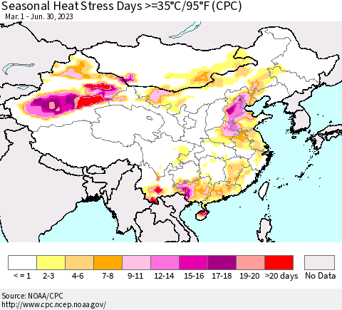 China, Mongolia and Taiwan Seasonal Heat Stress Days >=35°C/95°F (CPC) Thematic Map For 3/1/2023 - 6/30/2023