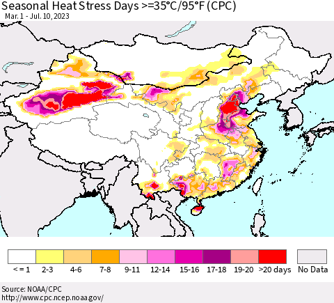 China, Mongolia and Taiwan Seasonal Heat Stress Days >=35°C/95°F (CPC) Thematic Map For 3/1/2023 - 7/10/2023