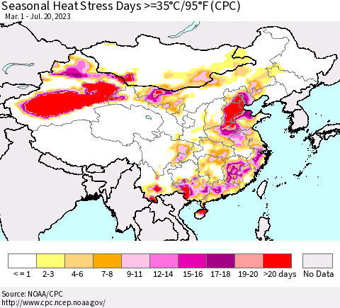 China, Mongolia and Taiwan Seasonal Heat Stress Days >=35°C/95°F (CPC) Thematic Map For 3/1/2023 - 7/20/2023