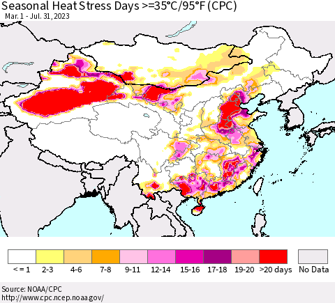 China, Mongolia and Taiwan Seasonal Heat Stress Days >=35°C/95°F (CPC) Thematic Map For 3/1/2023 - 7/31/2023