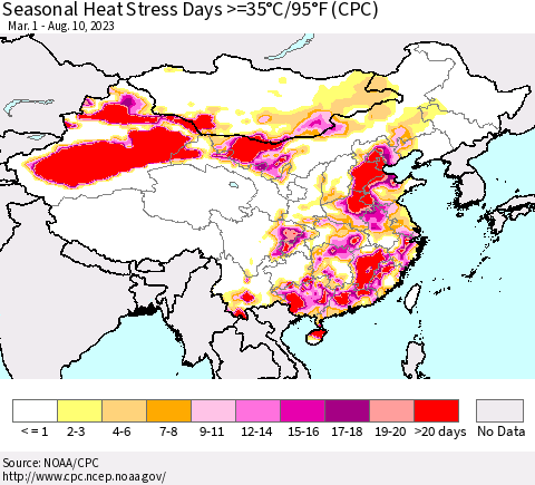 China, Mongolia and Taiwan Seasonal Heat Stress Days >=35°C/95°F (CPC) Thematic Map For 3/1/2023 - 8/10/2023