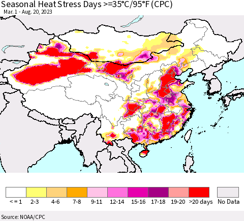 China, Mongolia and Taiwan Seasonal Heat Stress Days >=35°C/95°F (CPC) Thematic Map For 3/1/2023 - 8/20/2023
