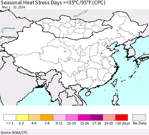 China, Mongolia and Taiwan Seasonal Heat Stress Days >=35°C/95°F (CPC) Thematic Map For 3/1/2024 - 3/10/2024