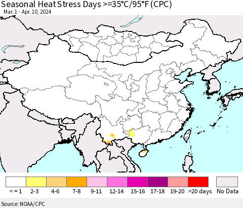 China, Mongolia and Taiwan Seasonal Heat Stress Days >=35°C/95°F (CPC) Thematic Map For 3/1/2024 - 4/10/2024