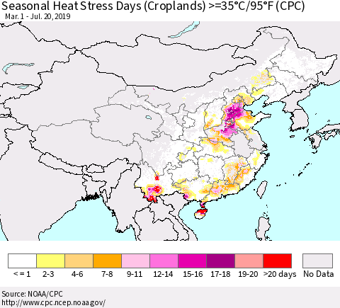 China and Taiwan Seasonal Heat Stress Days (Croplands) >=35°C/95°F (CPC) Thematic Map For 3/1/2019 - 7/20/2019