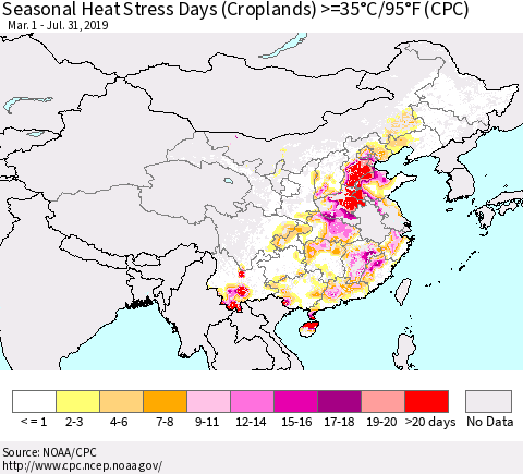 China and Taiwan Seasonal Heat Stress Days (Croplands) >=35°C/95°F (CPC) Thematic Map For 3/1/2019 - 7/31/2019