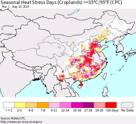 China and Taiwan Seasonal Heat Stress Days (Croplands) >=35°C/95°F (CPC) Thematic Map For 3/1/2019 - 8/20/2019